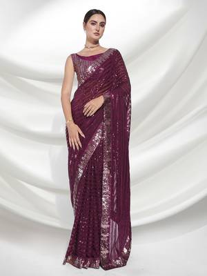 Wine Sequins Embroidery Work Bollywood Style Partywear Saree 1