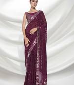 Wine Sequins Embroidery Work Bollywood Style Partywear Saree