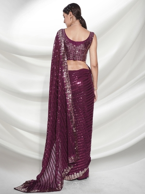 Wine Sequins Embroidery Work Bollywood Style Partywear Saree 2