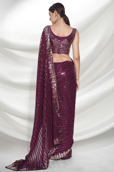 Wine Sequins Embroidery Work Bollywood Style Partywear Saree