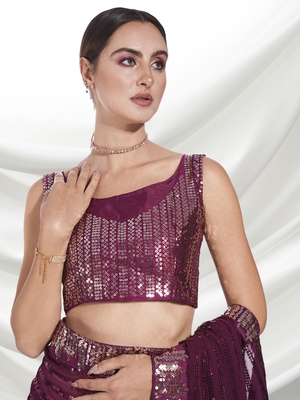 Wine Sequins Embroidery Work Bollywood Style Partywear Saree 3