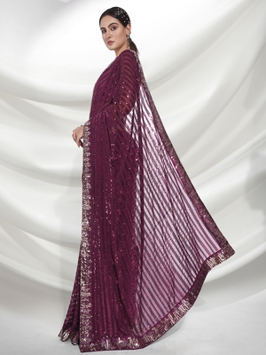 Wine Sequins Embroidery Work Bollywood Style Partywear Saree 4