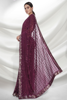 Wine Sequins Embroidery Work Bollywood Style Partywear Saree
