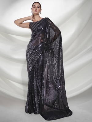 Black Sequins Embroidery Work Bollywood Style Partywear Saree 1