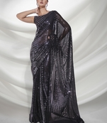 Black Sequins Embroidery Work Bollywood Style Partywear Saree