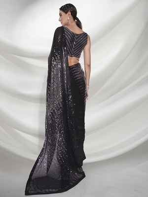 Black Sequins Embroidery Work Bollywood Style Partywear Saree 2