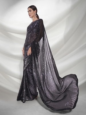 Black Sequins Embroidery Work Bollywood Style Partywear Saree 4