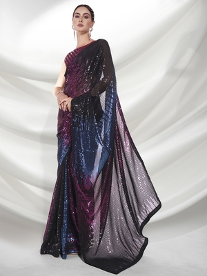 Black Sequins Embroidery Work Bollywood Style Partywear Saree 4