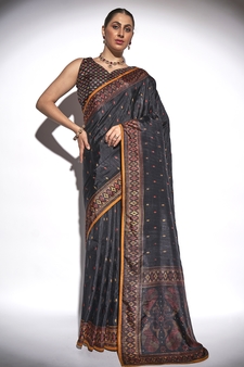 Geometric Printed Vichitra Black Saree With Unstitched Blouse Piece