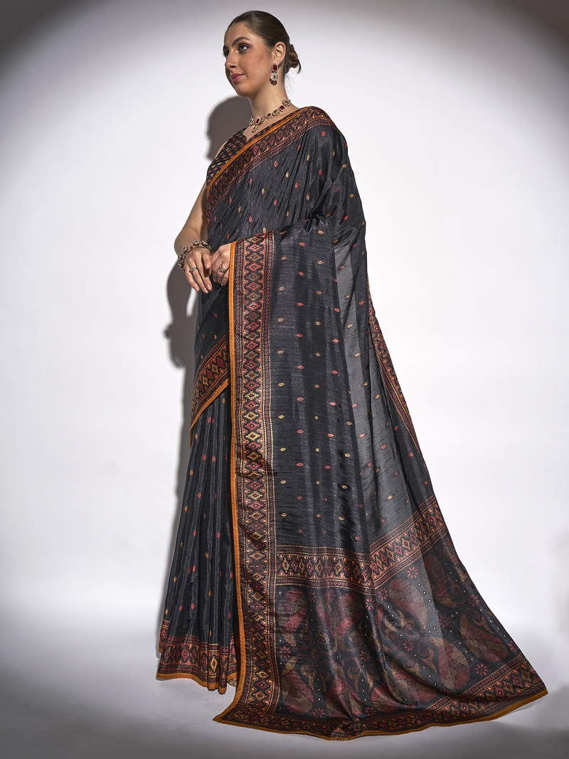 Geometric Printed Vichitra Black Saree With Unstitched Blouse Piece