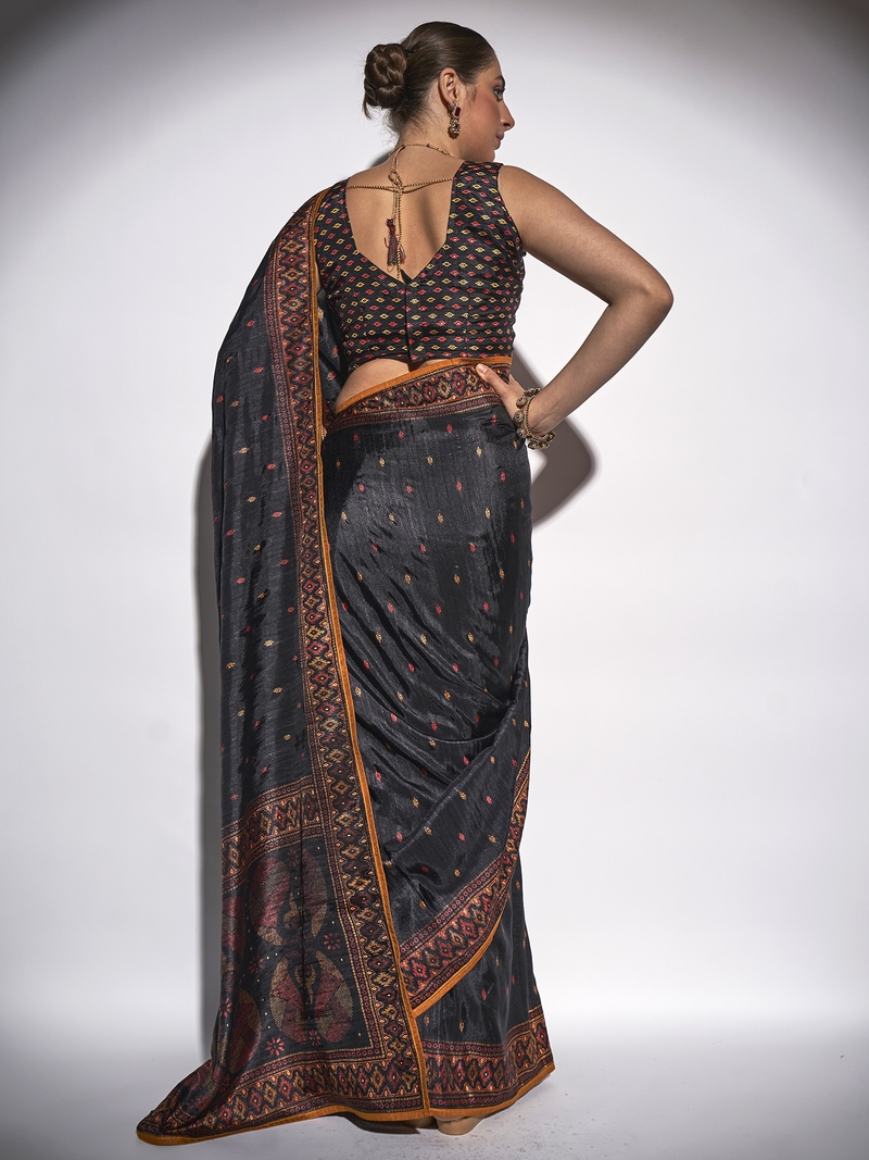 Geometric Printed Vichitra Black Saree With Unstitched Blouse Piece