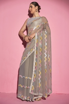 Sequined Work Georgette Light Grey Saree With Unstitched Blouse Piece