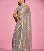 Sequined Work Georgette Light Grey Saree With Unstitched Blouse Piece