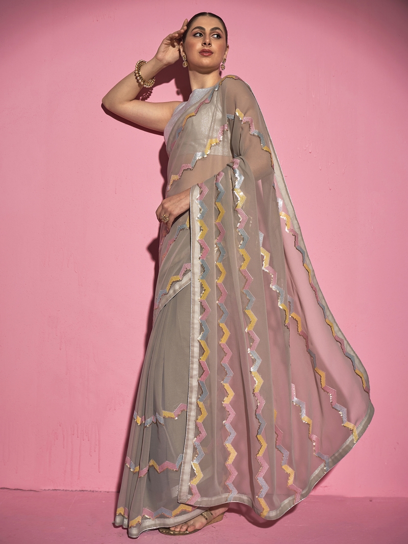 Sequined Work Georgette Light Grey Saree With Unstitched Blouse Piece