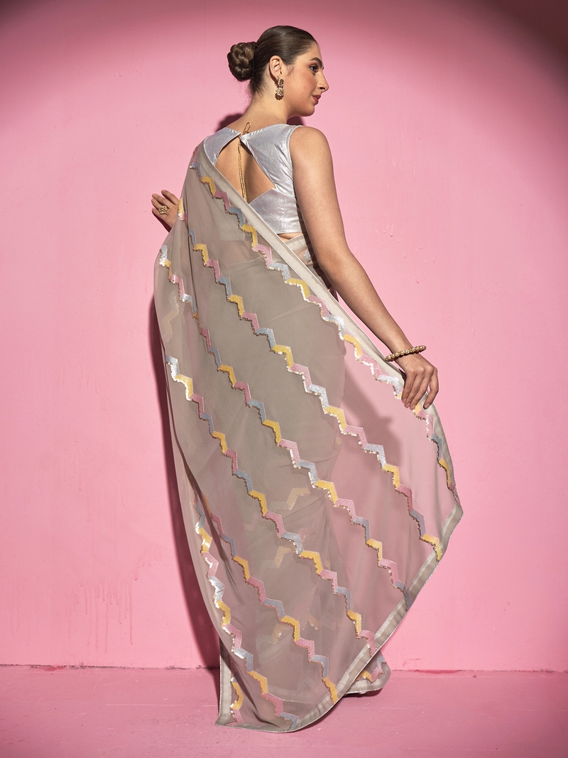 Sequined Work Georgette Light Grey Saree With Unstitched Blouse Piece