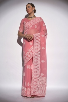 Resham Work Georgette Pink Saree With Unstitched Blouse Piece