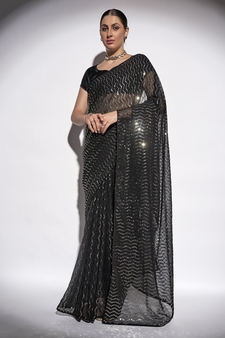 Sequined Work Georgette Black Saree With Unstitched Blouse Piece
