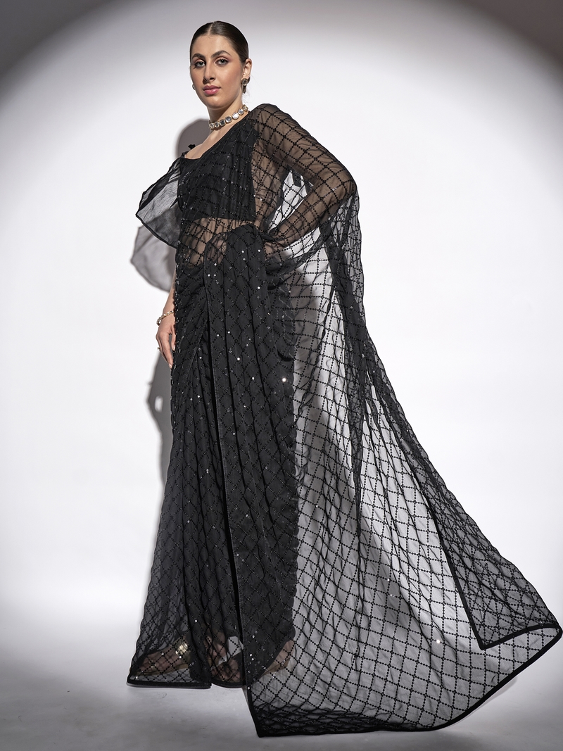 Sequined Work Georgette Black Saree With Unstitched Blouse Piece