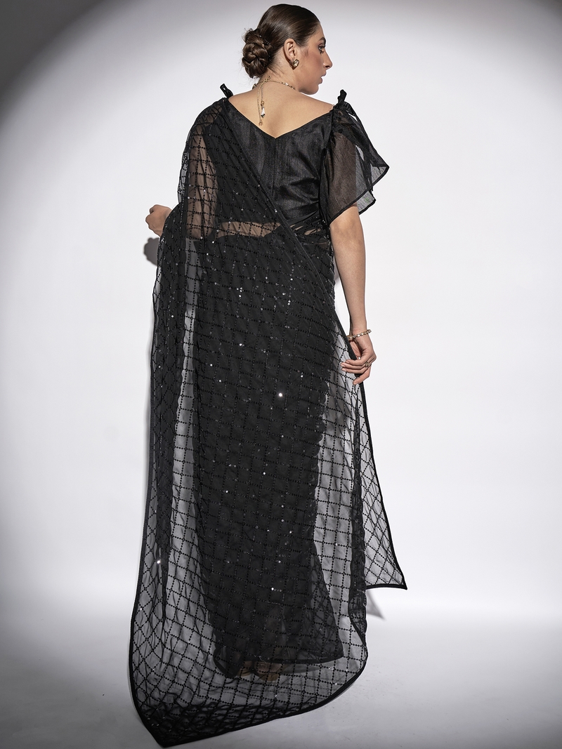 Sequined Work Georgette Black Saree With Unstitched Blouse Piece