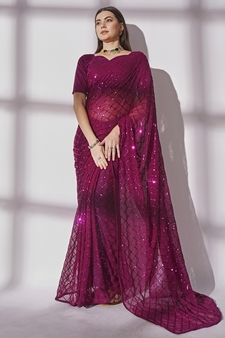 Sequined Work Georgette Magenta Saree With Unstitched Blouse Piece