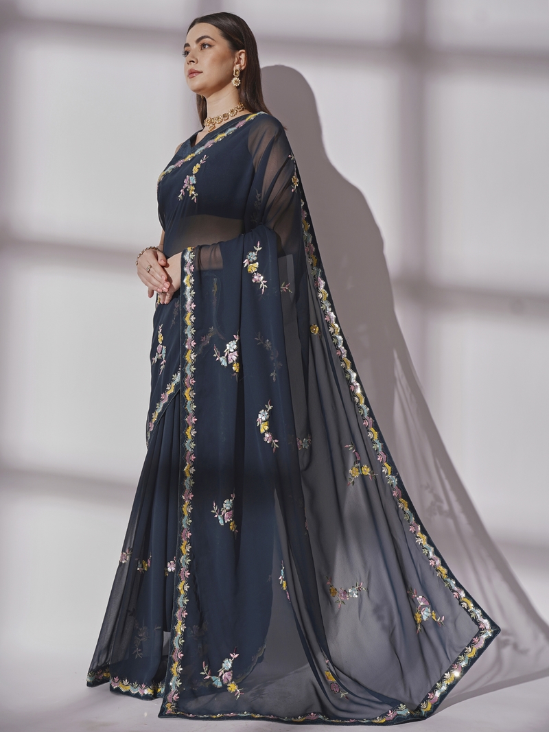 Sequined Work Georgette Black Saree With Unstitched Blouse Piece