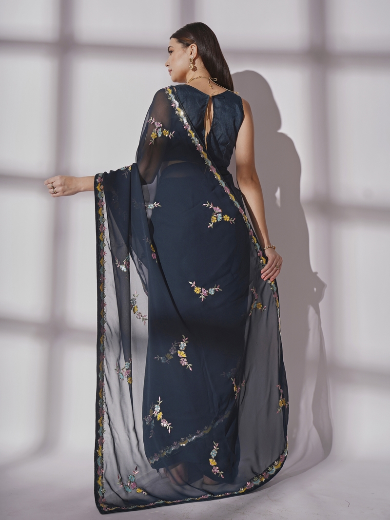 Sequined Work Georgette Black Saree With Unstitched Blouse Piece