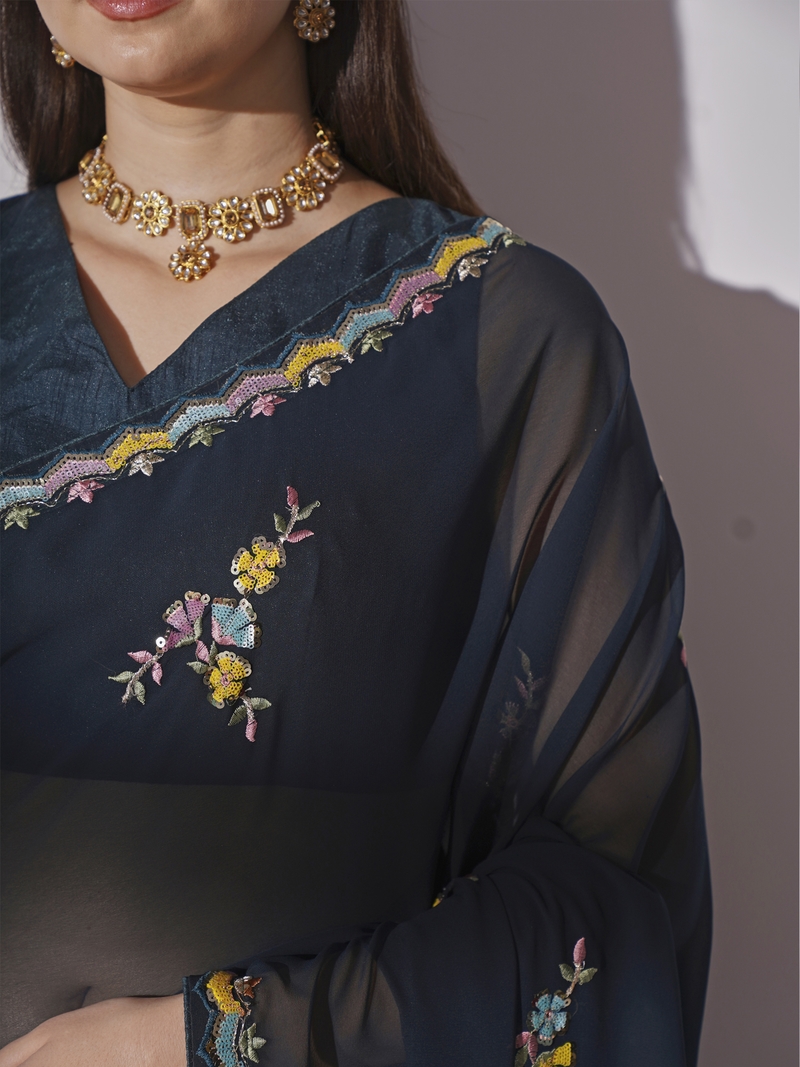 Sequined Work Georgette Black Saree With Unstitched Blouse Piece