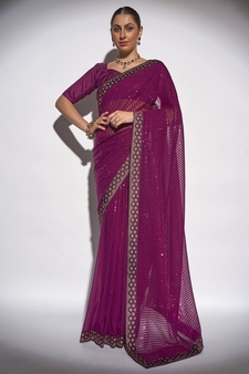 Sequined Work Georgette Violet Saree With Unstitched Blouse Piece