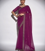 Sequined Work Georgette Violet Saree With Unstitched Blouse Piece