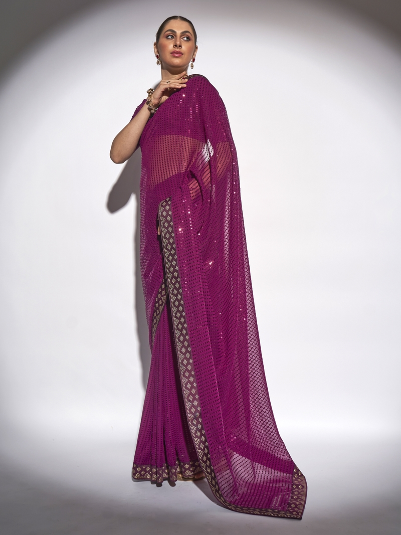 Sequined Work Georgette Violet Saree With Unstitched Blouse Piece