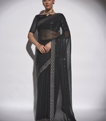 Sequined Work Georgette Black Saree With Unstitched Blouse Piece
