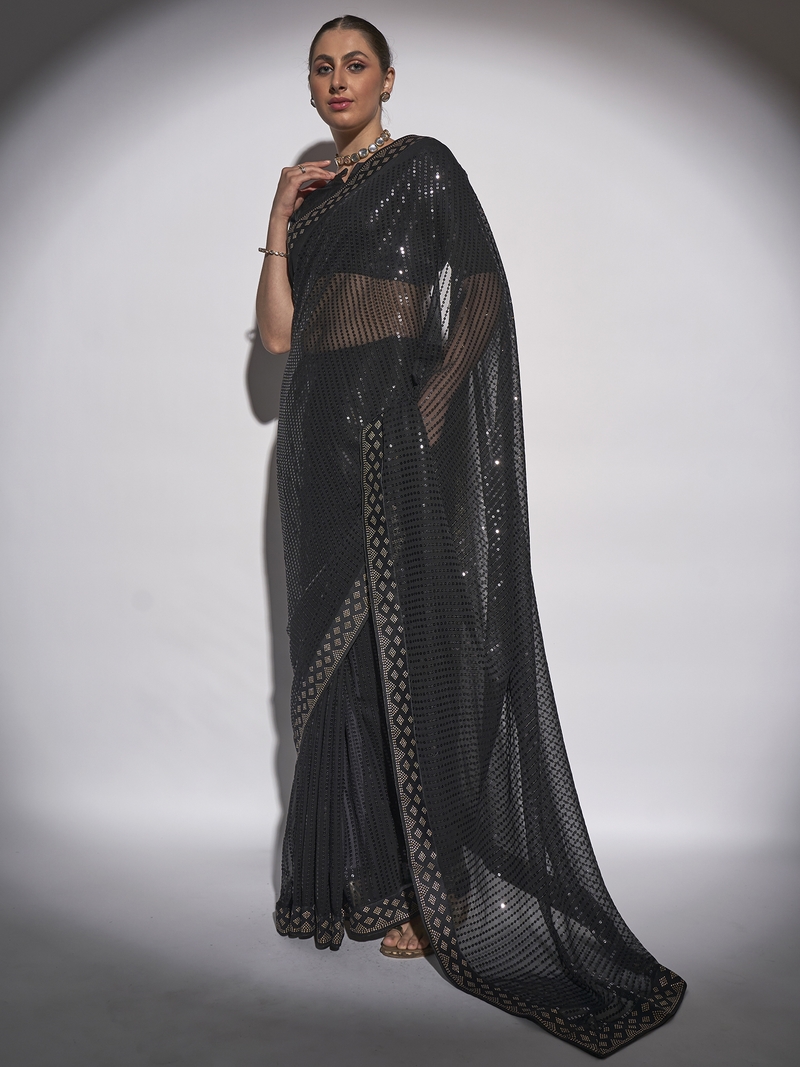 Sequined Work Georgette Black Saree With Unstitched Blouse Piece