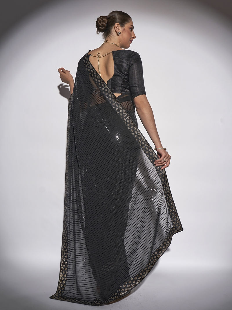 Sequined Work Georgette Black Saree With Unstitched Blouse Piece