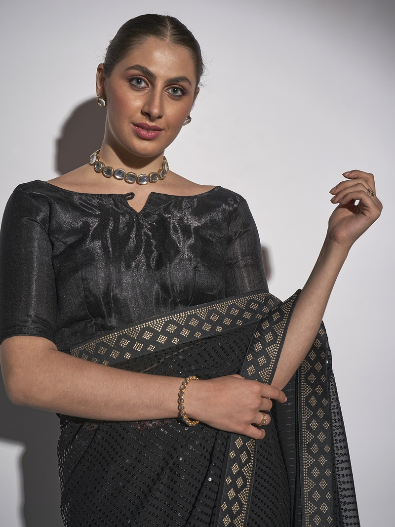 Sequined Work Georgette Black Saree With Unstitched Blouse Piece