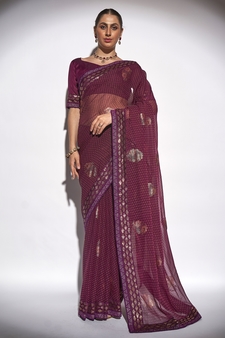 Foil Work With Printed Georgette Wine Saree With Unstitched Blouse Piece