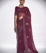 Foil Work With Printed Georgette Wine Saree With Unstitched Blouse Piece