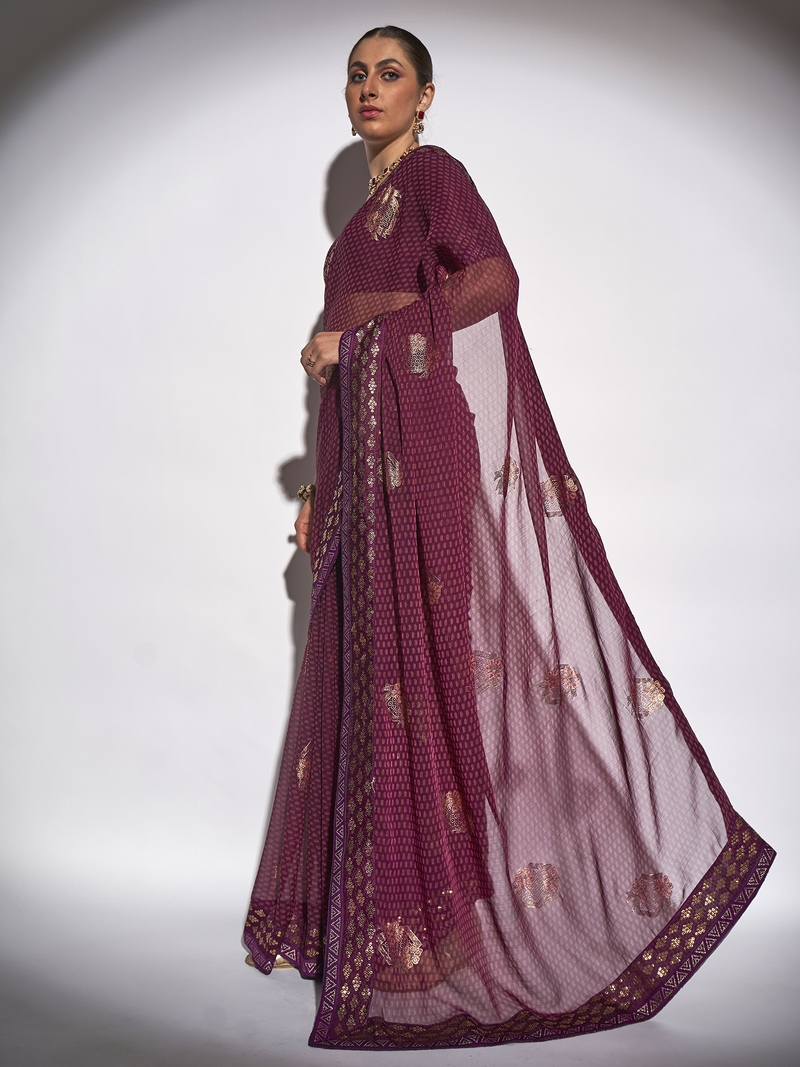 Foil Work With Printed Georgette Wine Saree With Unstitched Blouse Piece