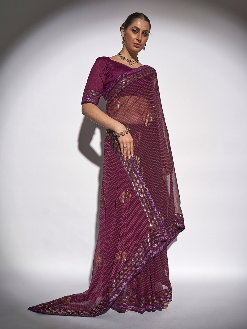 Foil Work With Printed Georgette Wine Saree With Unstitched Blouse Piece