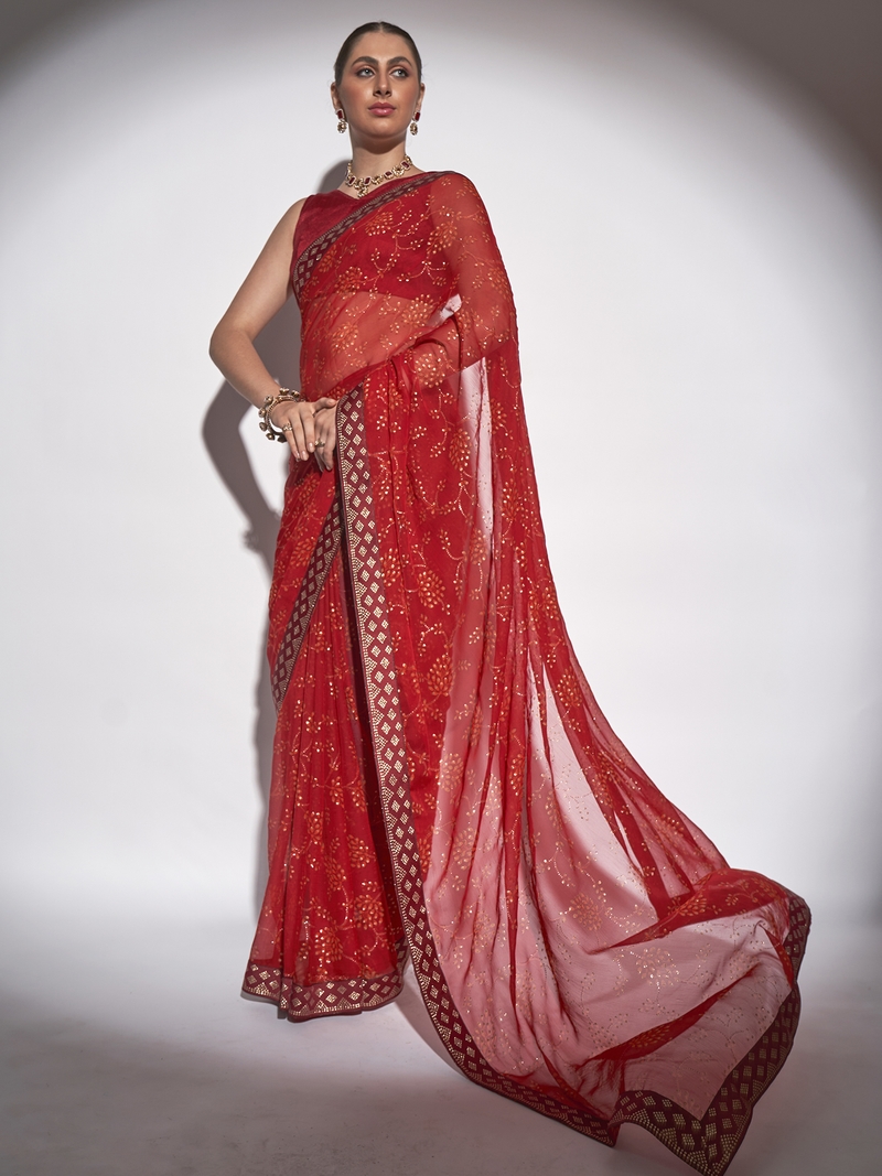 Foil Work With Printed Georgette Red Saree With Unstitched Blouse Piece