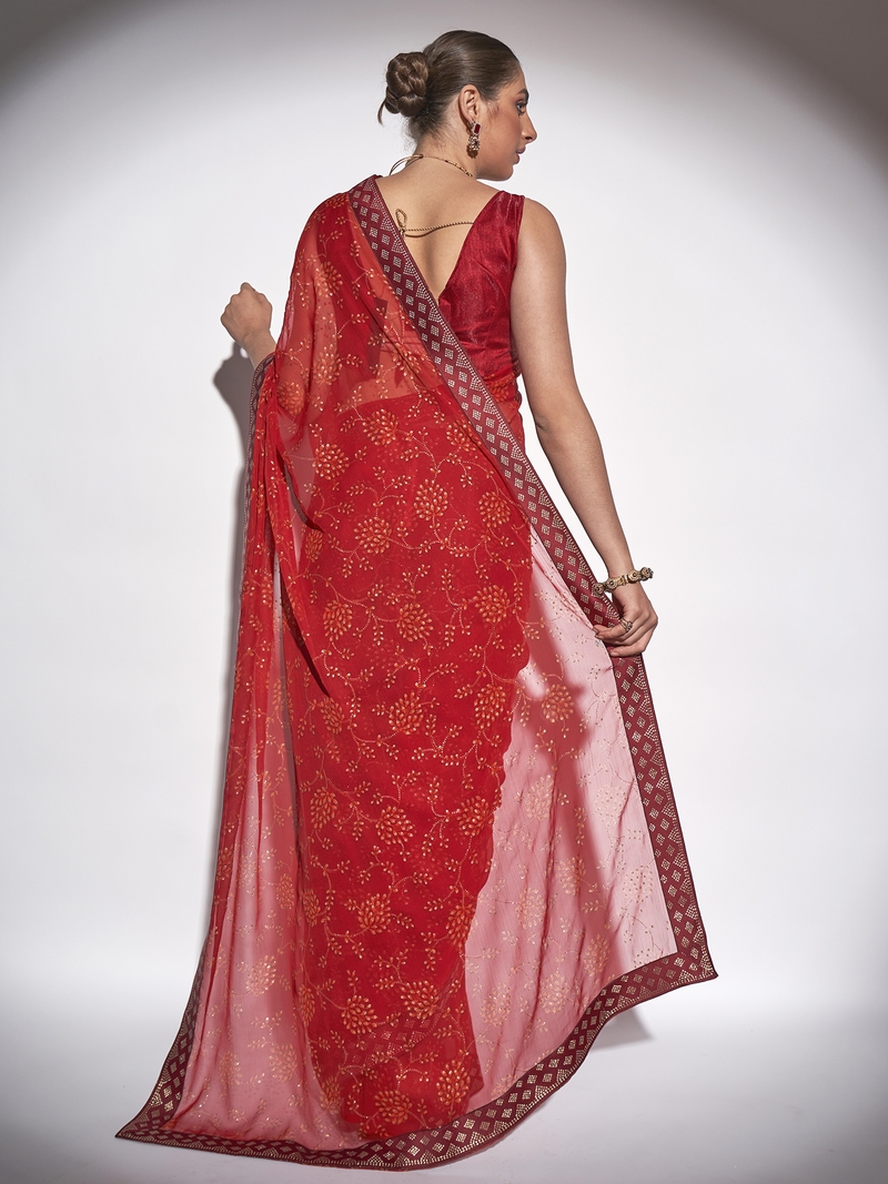 Foil Work With Printed Georgette Red Saree With Unstitched Blouse Piece