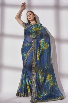 Floral Printed Georgette Teal Saree With Unstitched Blouse Piece