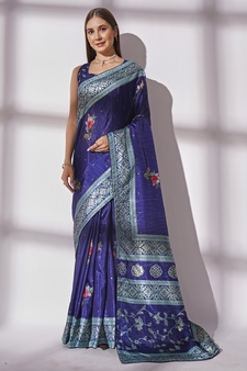 Foil Printed Vichitra Blue Saree With Unstitched Blouse Piece