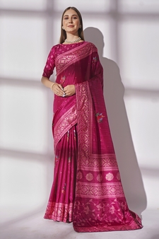Foil Printed Vichitra Pink Saree With Unstitched Blouse Piece