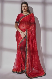 Printed Georgette Red Saree With Unstitched Blouse Piece