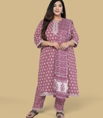 Dusty Pink, Off White Cotton Printed Kurta With Pant And Dupatta Set