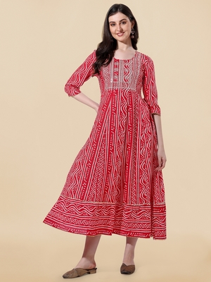 Red White Rayon Embroidered Bandhani Printed Kurta 1