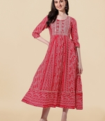 Red White Rayon Embroidered Bandhani Printed Kurta