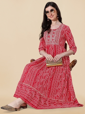 Red White Rayon Embroidered Bandhani Printed Kurta 2