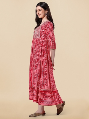 Red White Rayon Embroidered Bandhani Printed Kurta 3