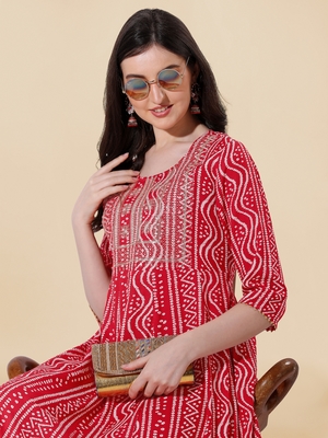 Red White Rayon Embroidered Bandhani Printed Kurta 5